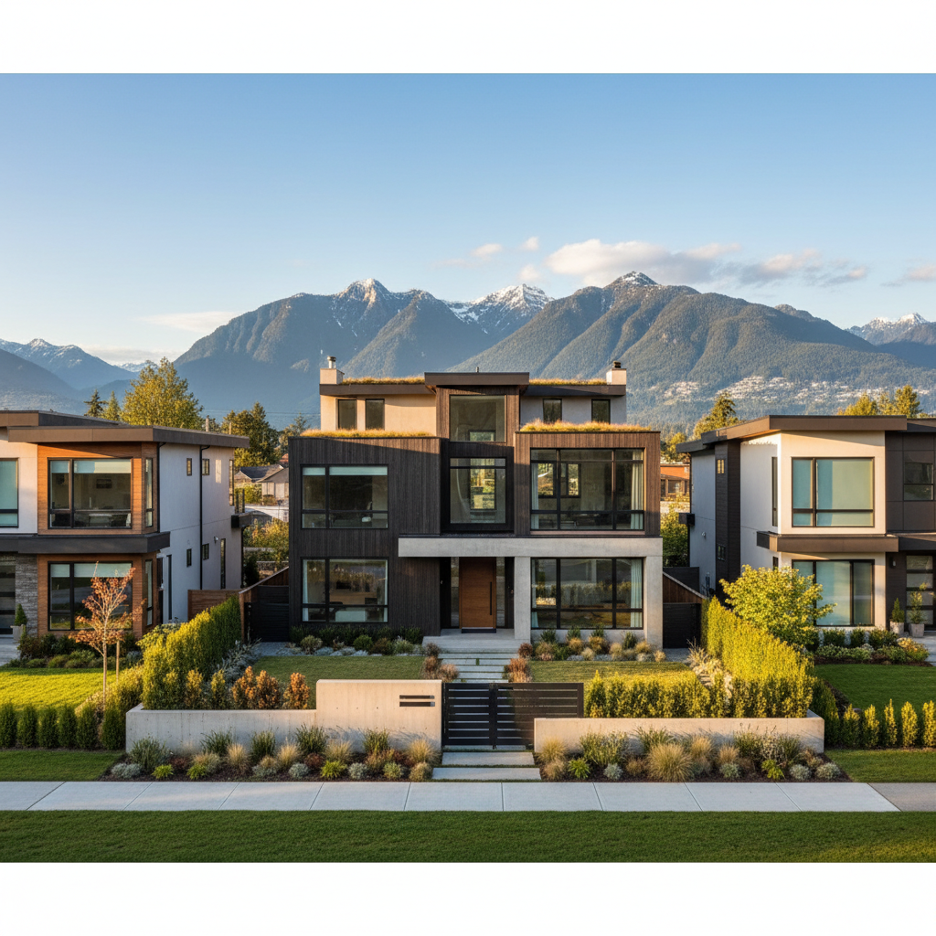 Bright, modern North Vancouver houses in a residential neighborhood, with majestic mountains filling the background.