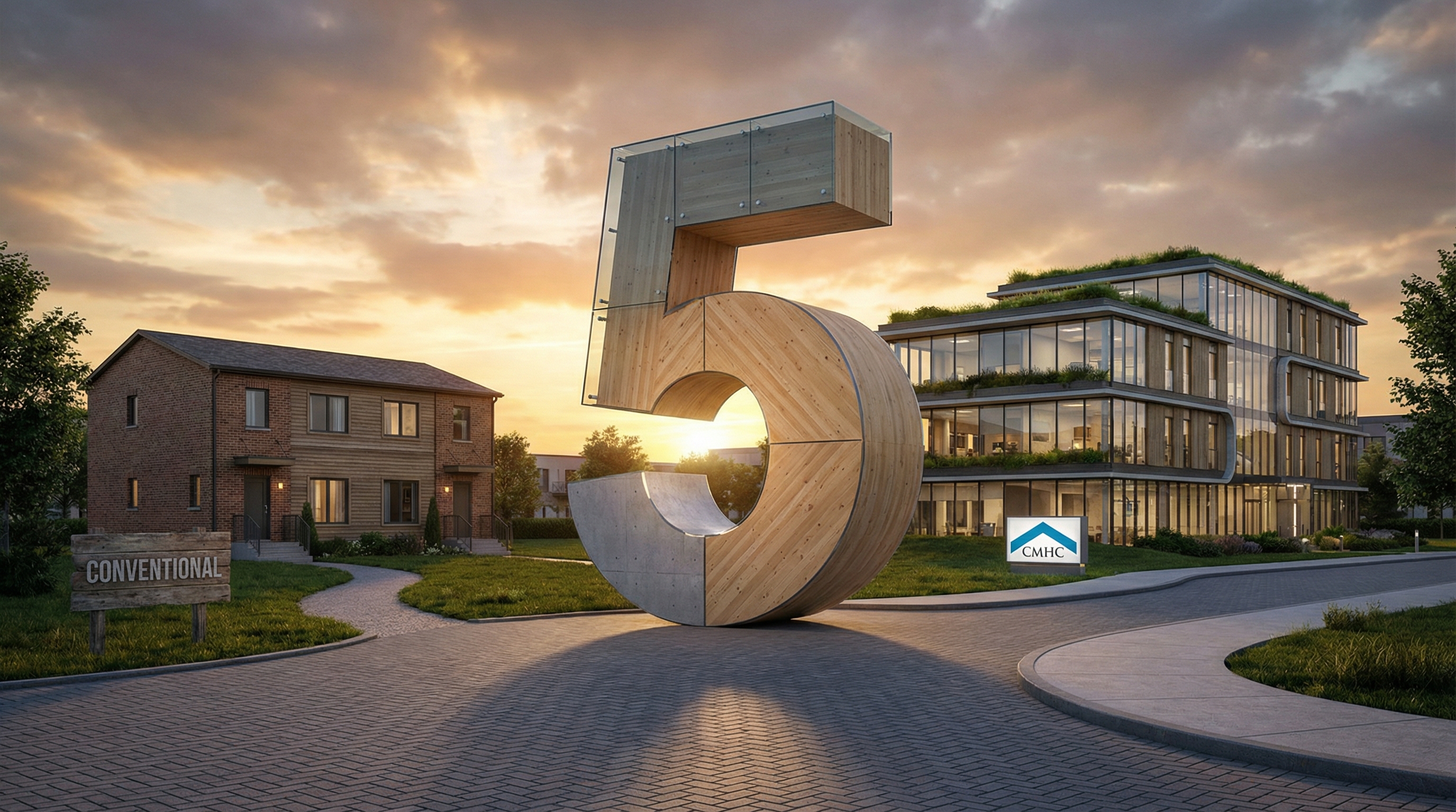 Visual split showing 4-unit residential mortgage vs 5-unit CMHC commercial insurance threshold for multiplex financing in Canada