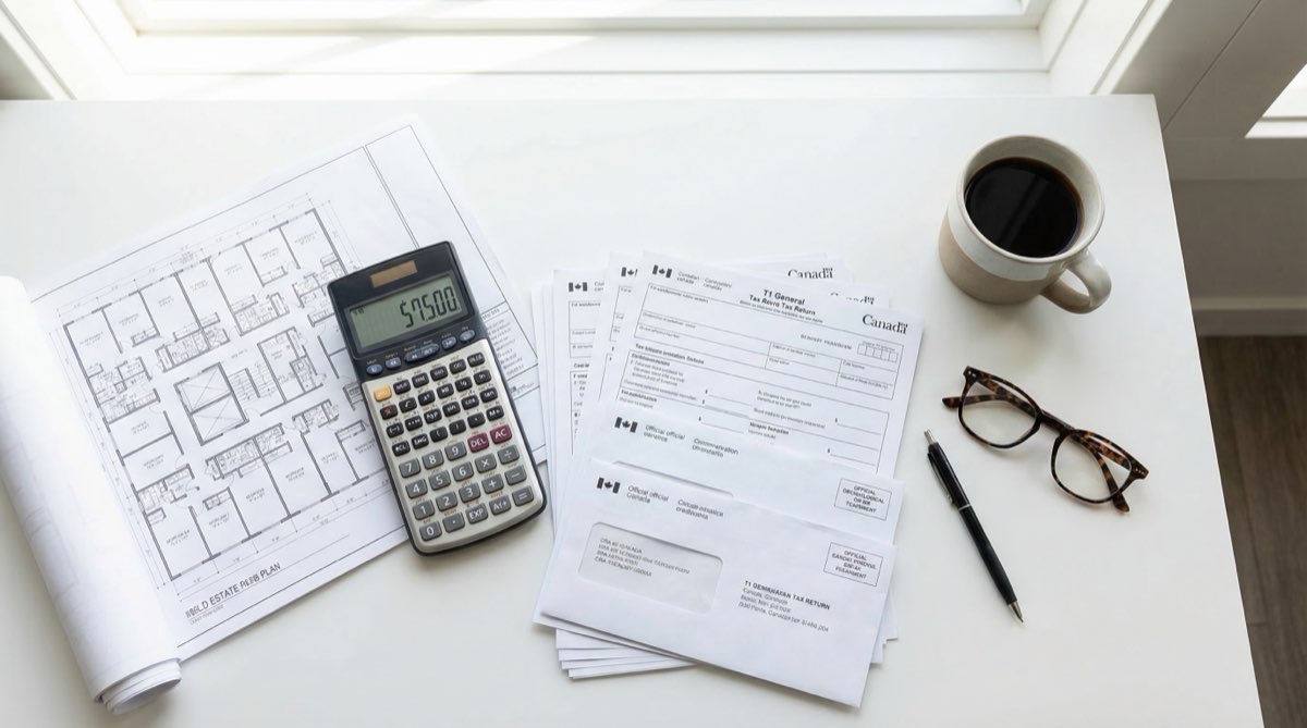 Professional financial planning scene with Canadian tax documents, calculator, and architectural plans for a multigenerational multiplex property