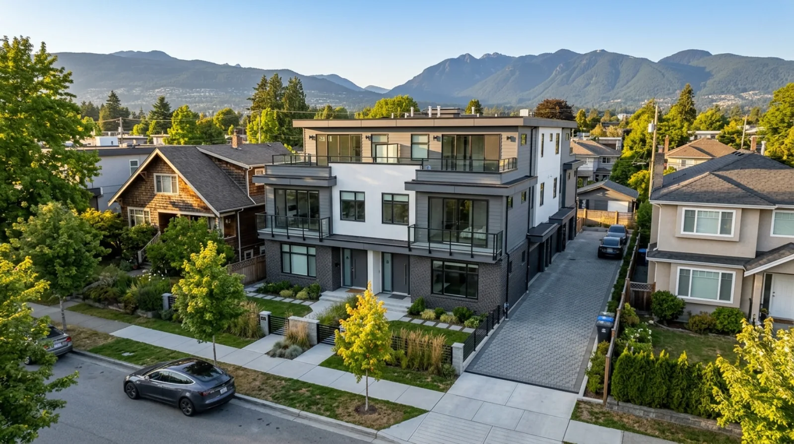 Newly completed modern Vancouver fourplex multiplex on a residential street with mountains in the background