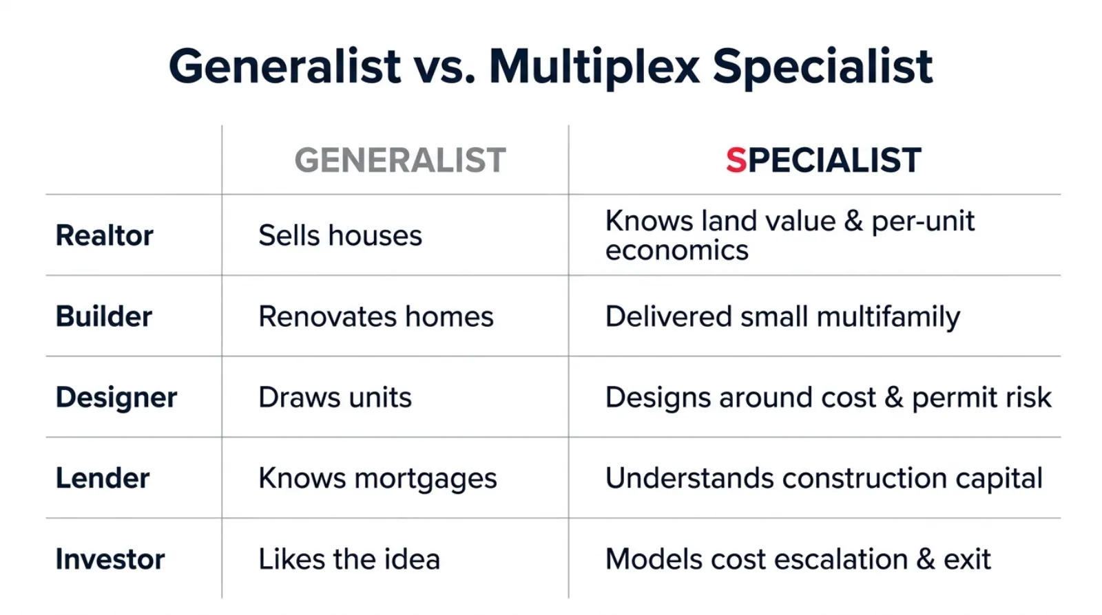 Comparison chart contrasting a generalist and a multiplex specialist across five roles: realtor sells houses versus knows land value and per-unit economics, builder renovates homes versus has delivered small multifamily, designer draws units versus designs around cost and permit risk, lender knows mortgages versus understands construction capital, investor likes the idea versus models cost escalation and exit