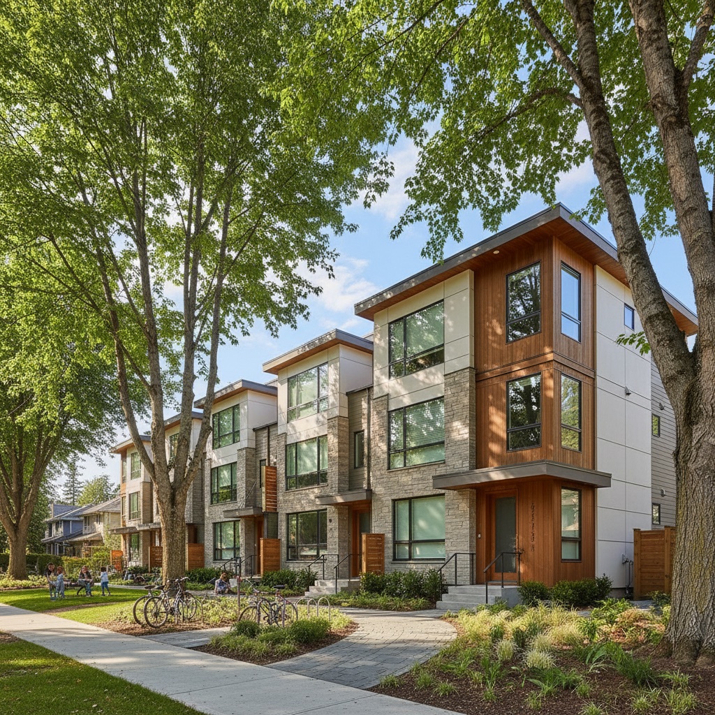 Modern missing middle housing development in British Columbia showing triplexes and fourplexes integrated into established neighborhood