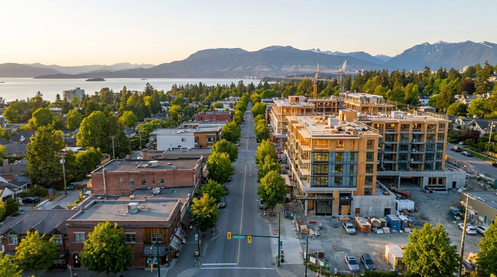 West Vancouver Ambleside commercial centre with Marine Drive storefronts and mountain backdrop showing the area rezoned by provincial order for increased housing density