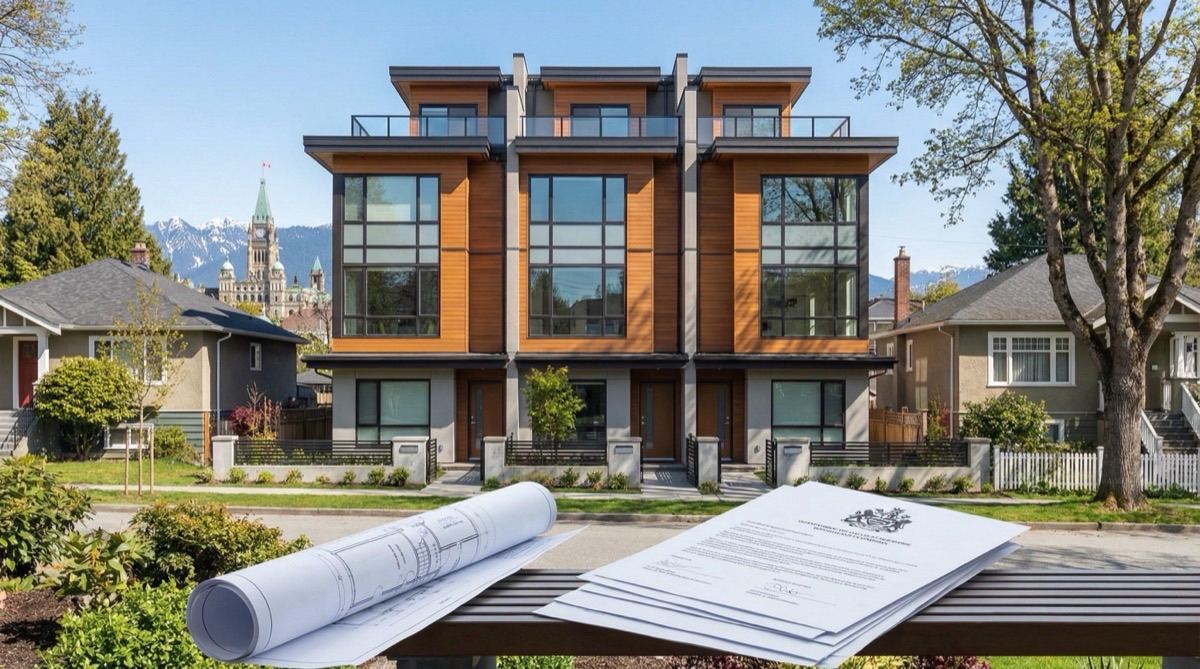 Provincial policy document with BC government building and Vancouver multiplex zoning map overlay