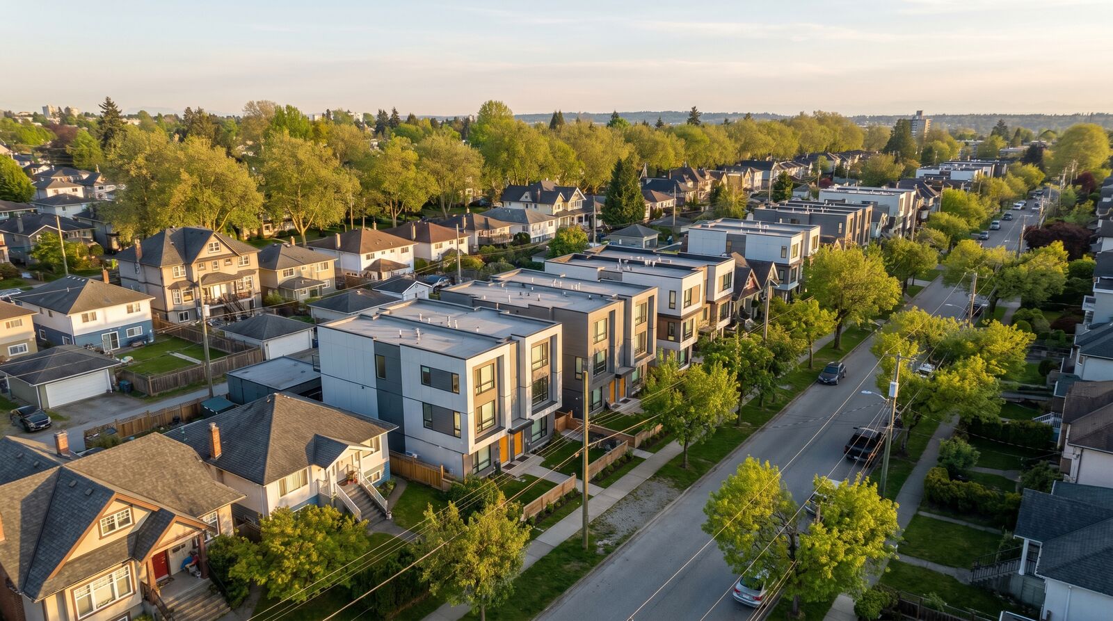 Aerial photograph of a typical Vancouver east side residential street with a few new fourplex and sixplex buildings interspersed among older single family homes, taken in late spring with greenery visible