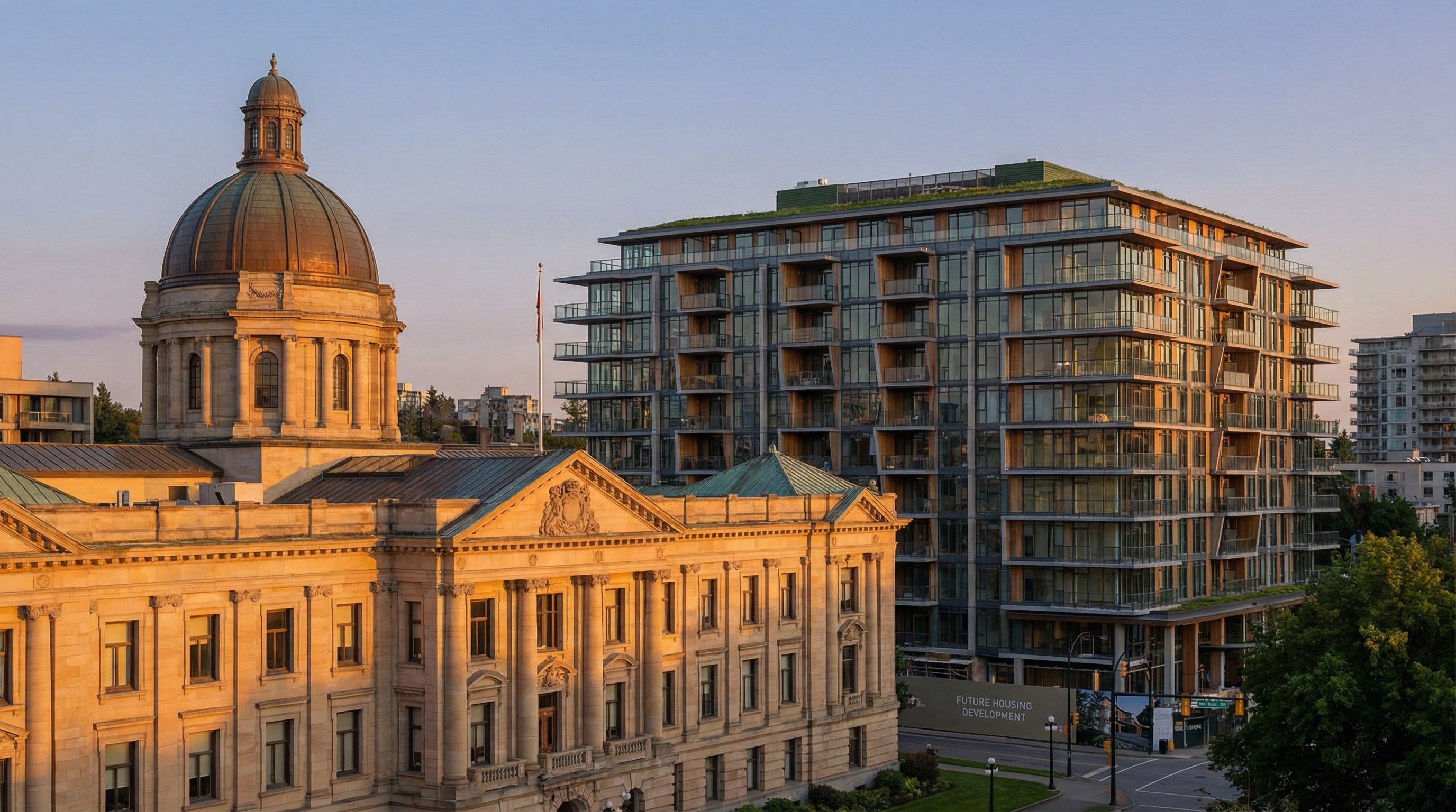 BC Legislature building in Victoria with residential neighbourhood showing multiplex housing representing Bill 44 SSMUH zoning reform