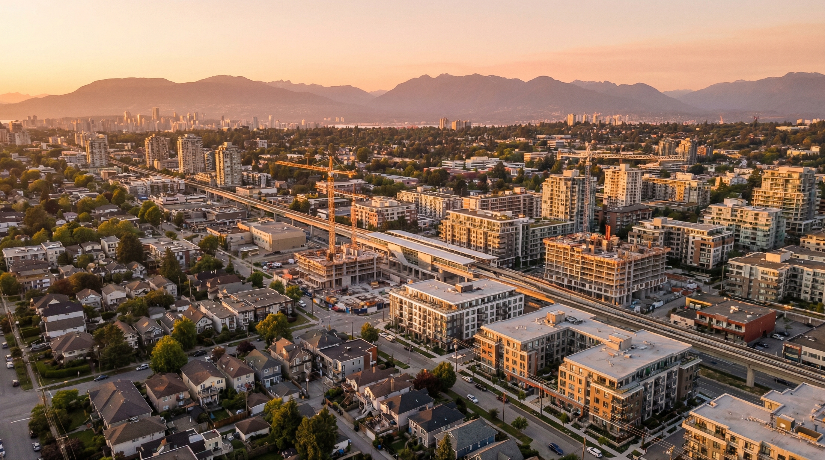 Aerial view of Vancouver's Broadway corridor showing SkyTrain construction, new mid-rise buildings, and older single-family homes being replaced by multiplex and mixed-use development