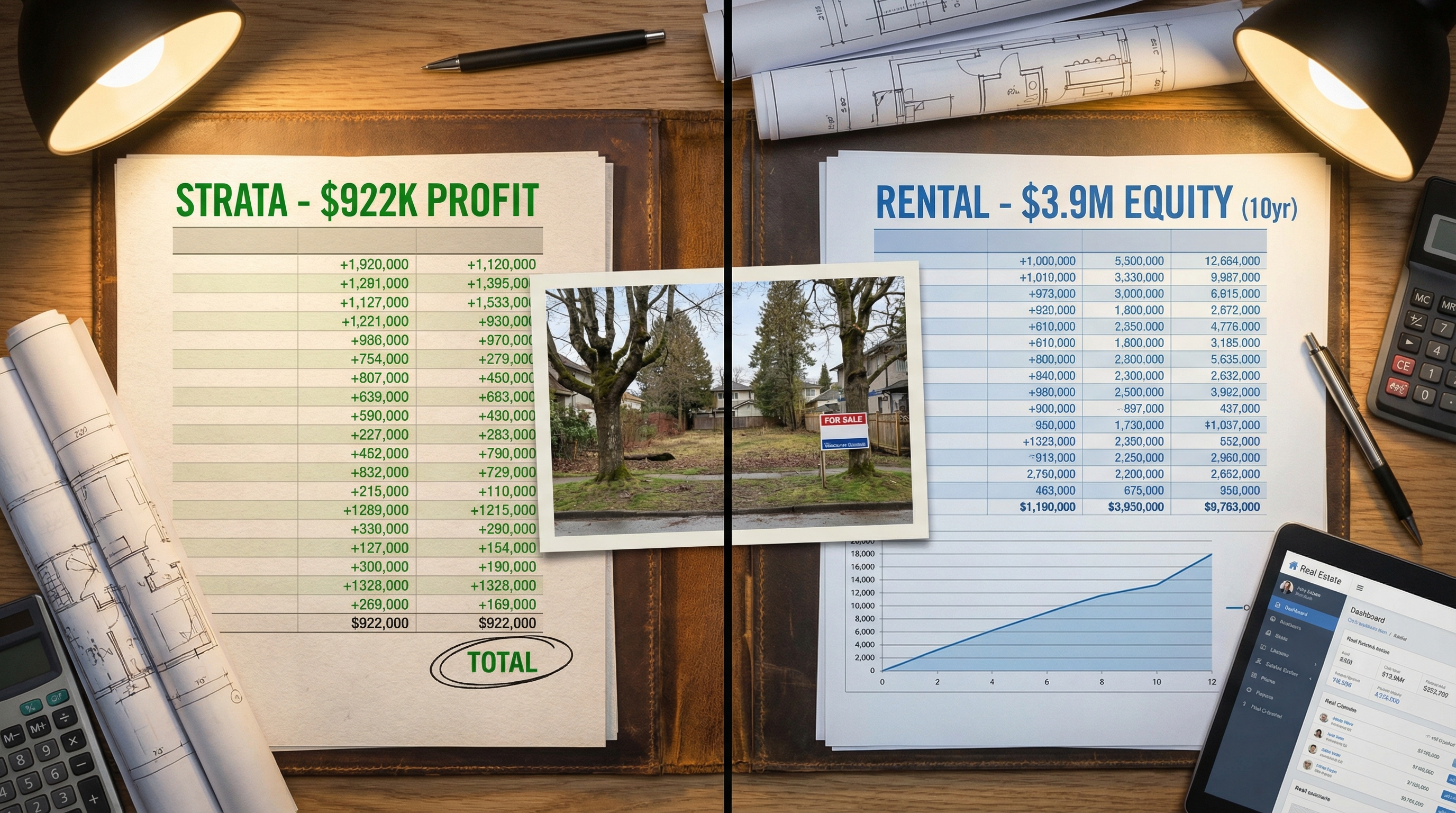 Side-by-side comparison of a strata multiplex and rental multiplex on the same Vancouver R1-1 lot showing two different development outcomes