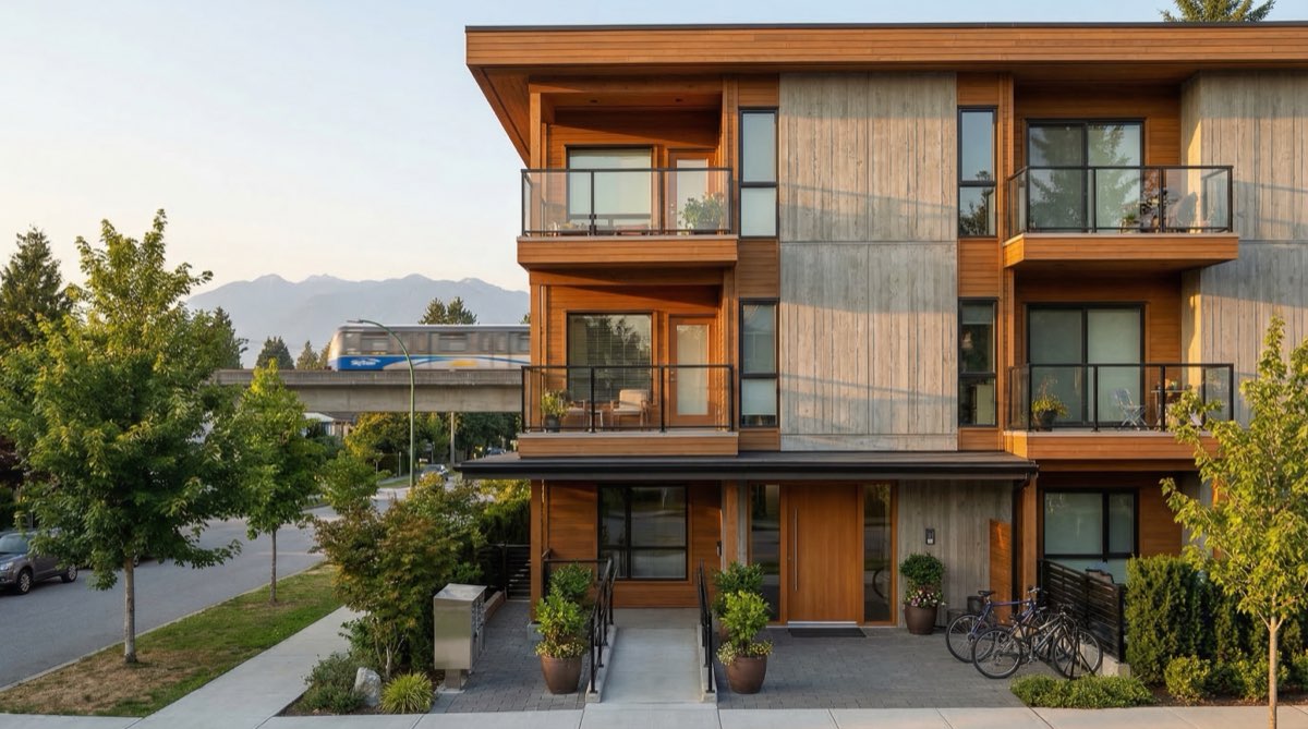 Modern multiplex building near Burnaby SkyTrain station with family-oriented design featuring ground-floor accessible entrance and upper-floor balconies
