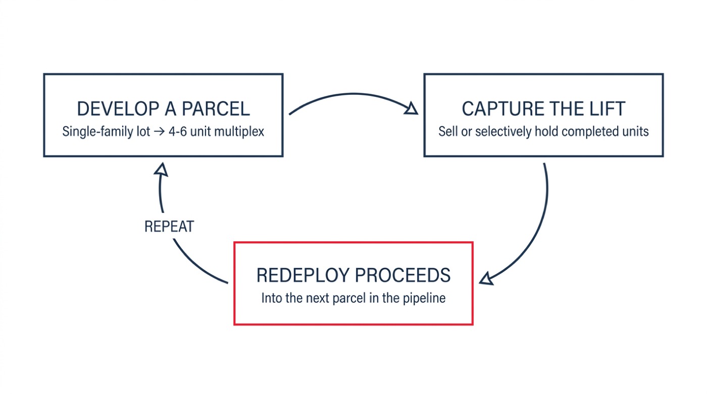 Editorial diagram showing the asset recycling cycle for a BC multiplex family fund with three loops labelled develop a parcel, capture the development lift, redeploy proceeds into the next parcel, with a single red accent on redeploy proceeds indicating the most important decision in the cycle