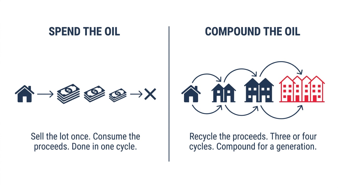 Editorial comparison illustration showing two columns side by side on a white background, left column labelled SPEND THE OIL representing the conventional path of sell the lot once and consume the proceeds, right column labelled COMPOUND THE OIL representing the personal sovereign fund path of recycle the proceeds through three or four development cycles over twenty years