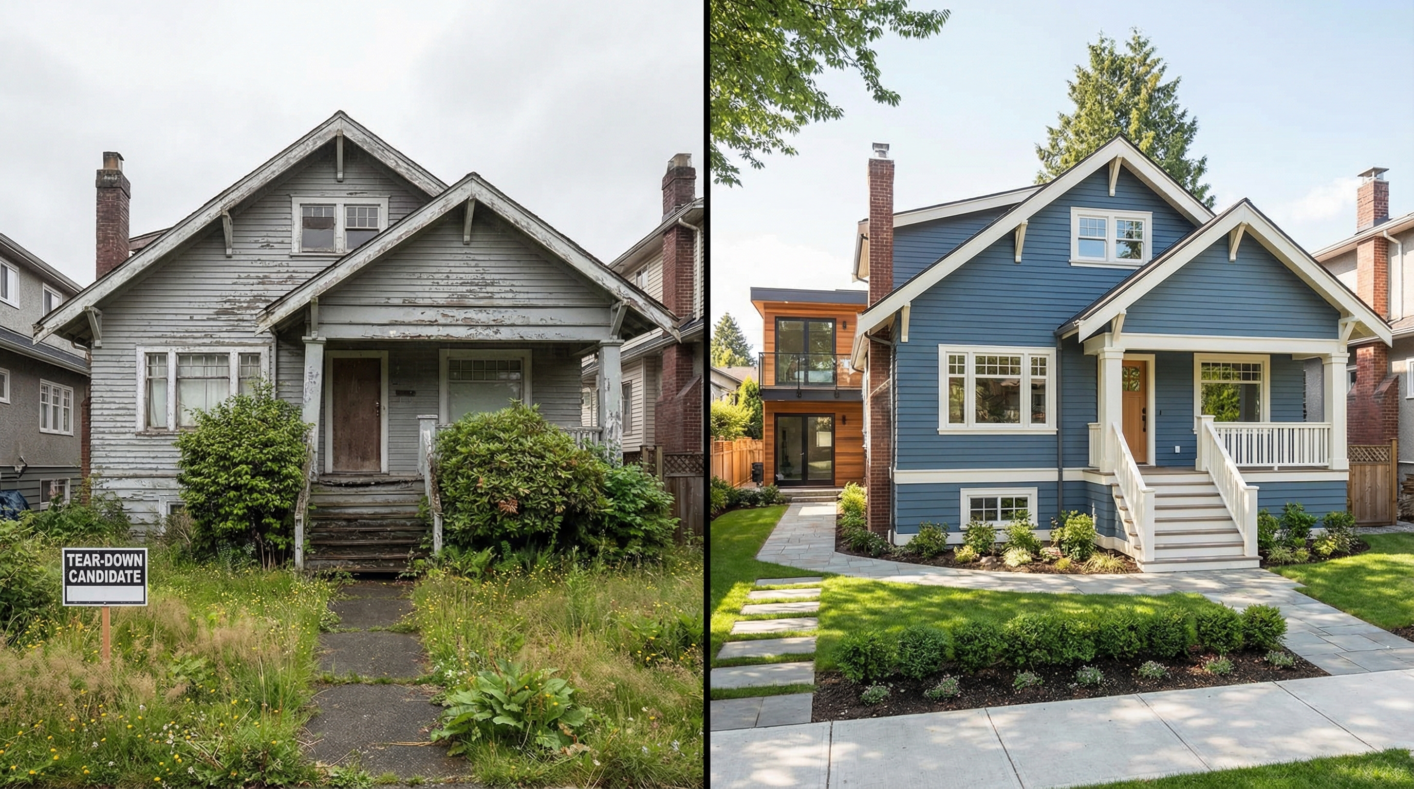 Split comparison showing a Vancouver Craftsman character home being restored on one side and a demolished lot with new multiplex construction on the other