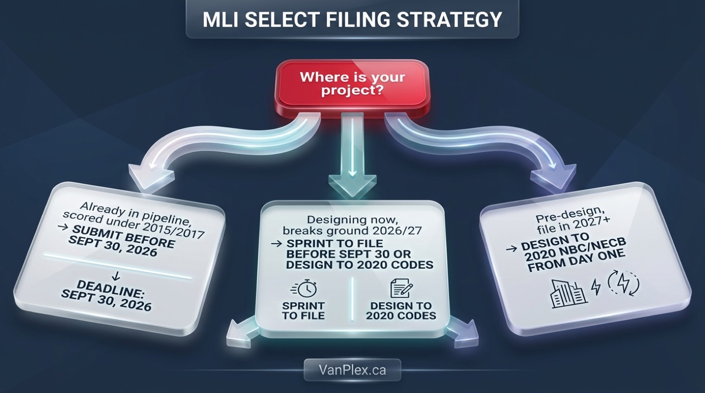 Decision tree for CMHC MLI Select applicants showing whether to file before September 30 2026 deadline based on project stage and points score