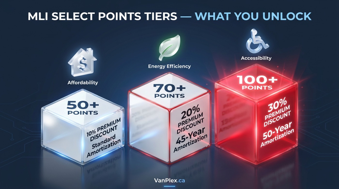 CMHC MLI Select premium discount and amortization tiers showing 50 points equals 10 percent discount, 70 points equals 20 percent discount and 45 year amortization, 100 points equals 30 percent discount and 50 year amortization