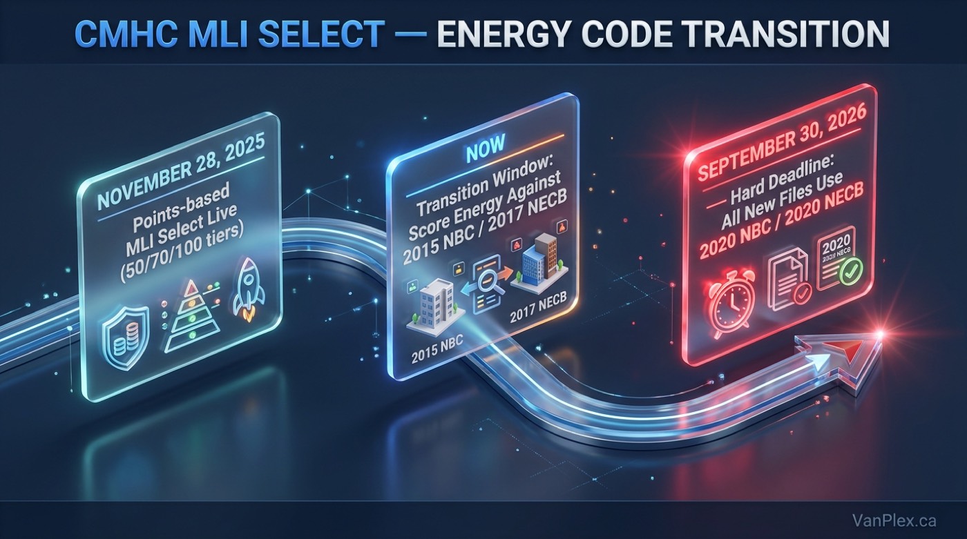 CMHC MLI Select September 30 2026 deadline timeline showing November 28 2025 announcement, current transition window, and September 30 2026 cutoff when energy scoring shifts from 2015 NBC and 2017 NECB to 2020 NBC and 2020 NECB