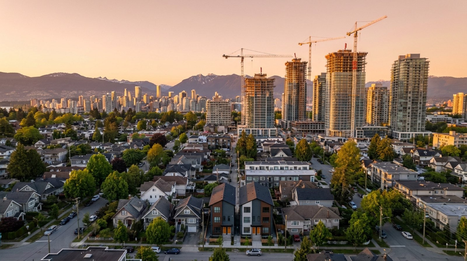 Aerial view of Metro Vancouver showing a mix of new multiplex construction and residential neighbourhoods with mountain backdrop illustrating the 2026 housing supply landscape