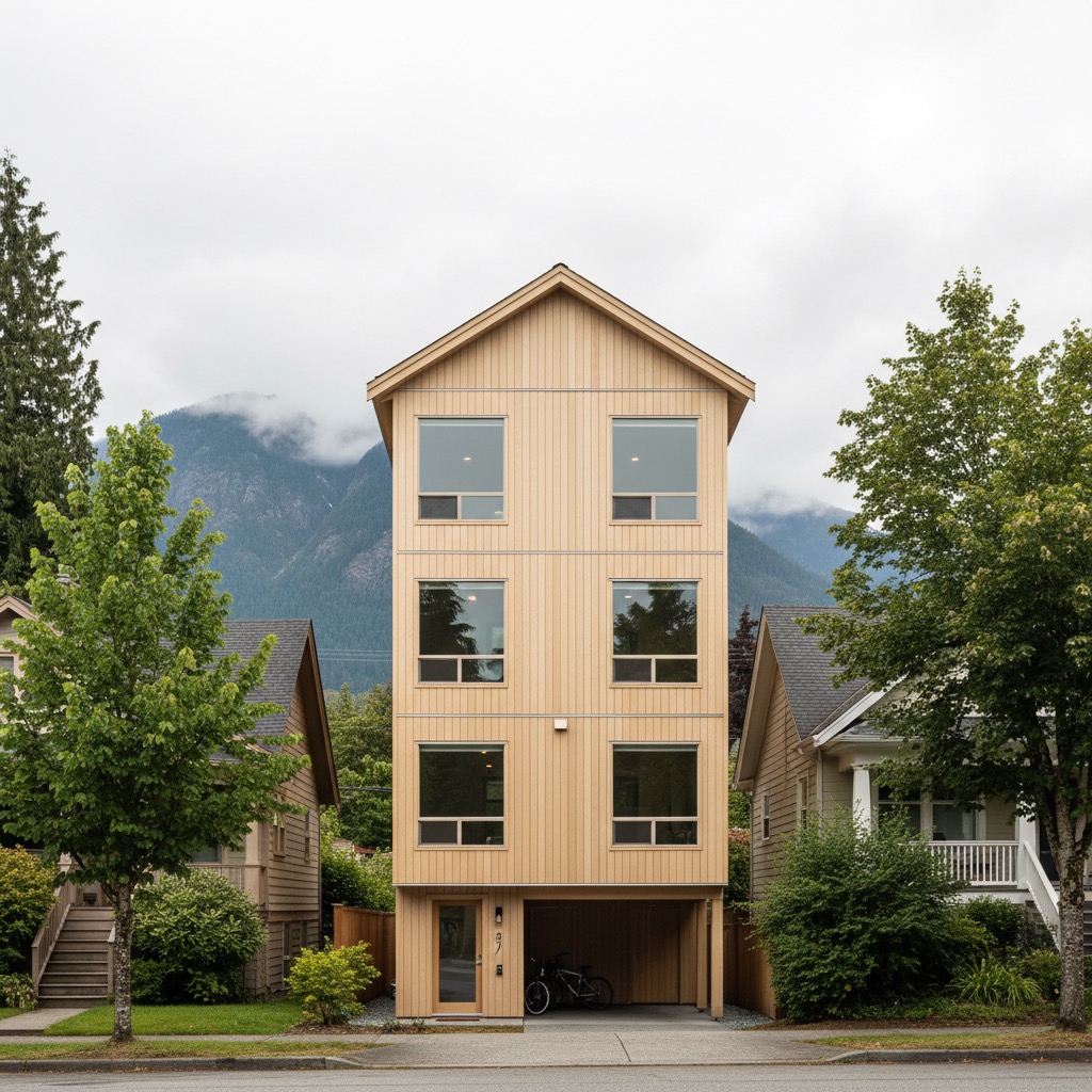 North Vancouver cityscape showing multiplex development opportunity zones between St. Andrews and Mahon Avenue with modern architecture