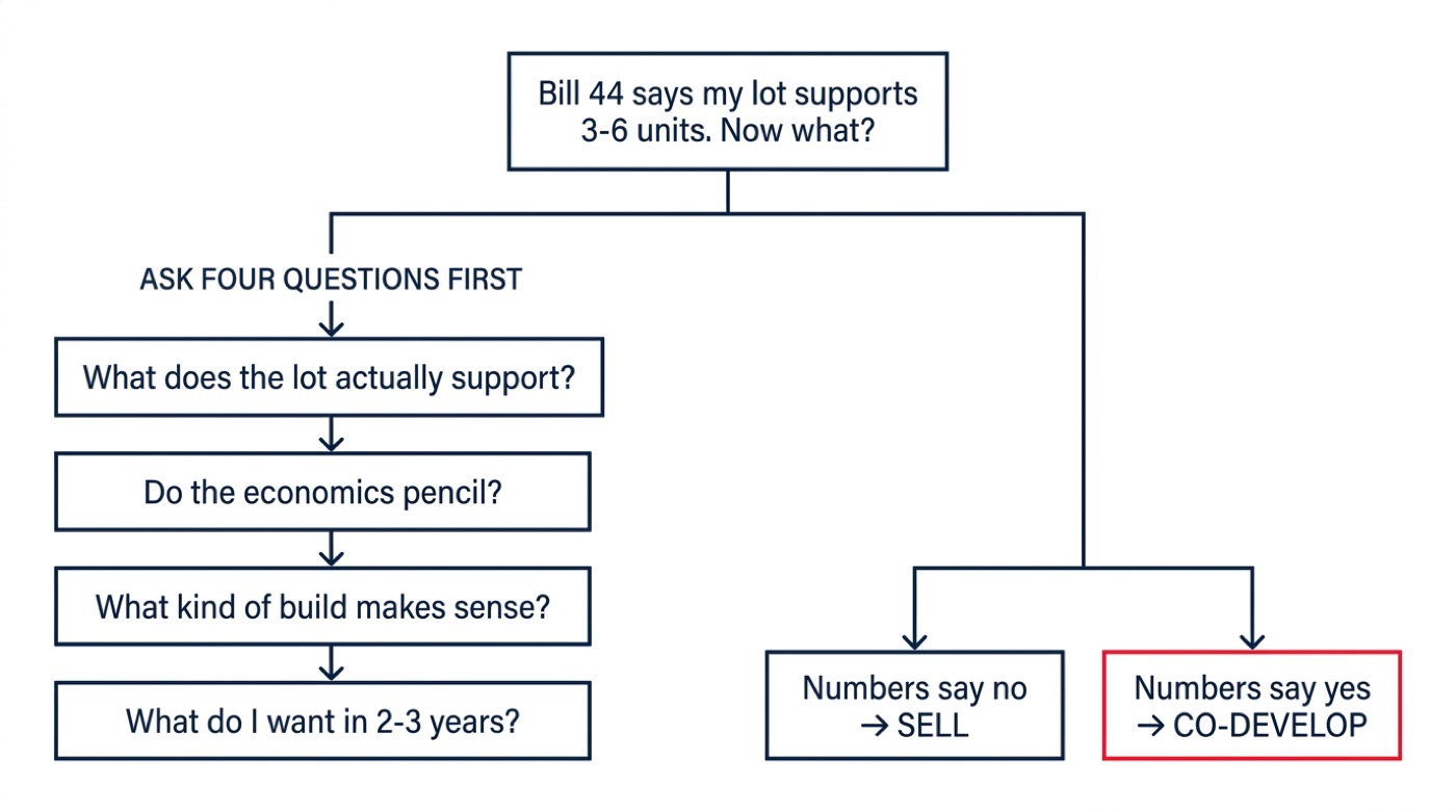 Decision diagram comparing the sell path versus the co-develop path for a BC homeowner with an upzoned lot, showing the four clarity questions a homeowner needs to answer before committing to co-development