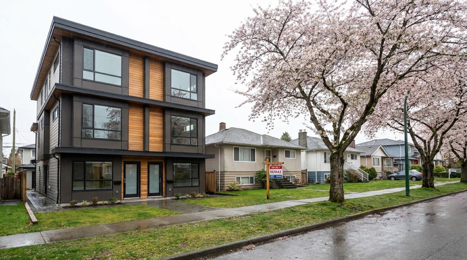Vancouver west-coast multiplex on a 33 foot residential lot beside an empty for-sale sign on a similar neighbouring lot representing the decision a BC homeowner faces between co-developing their property as a Bill 44 multiplex or simply selling at land value