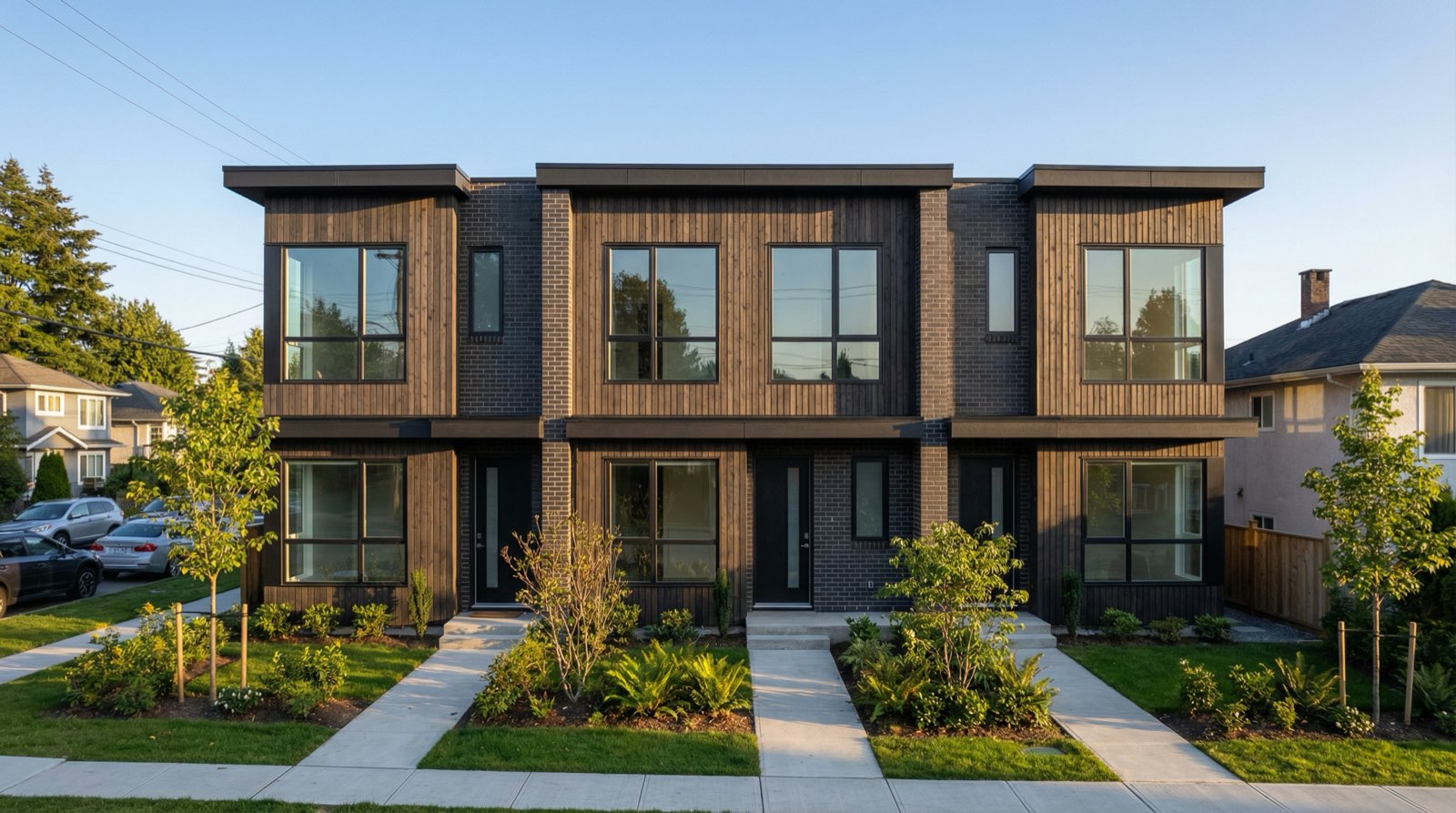 Newly completed Vancouver 4-plex with modern wood and brick exterior on a standard east side lot