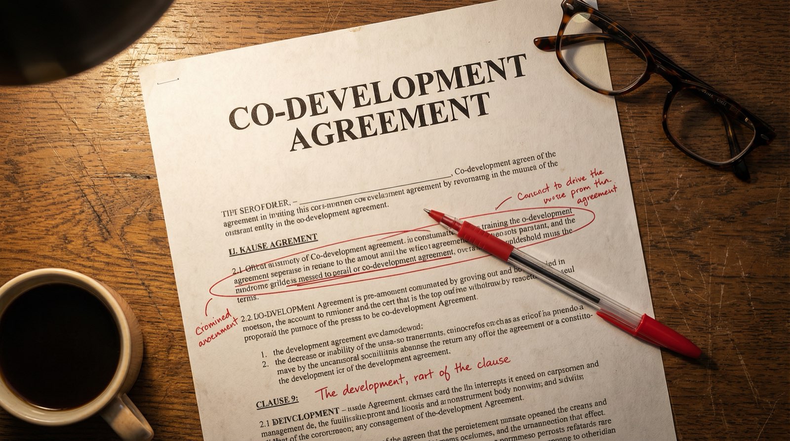 Close-up of a co-development contract with a red pen highlighting concerning clauses