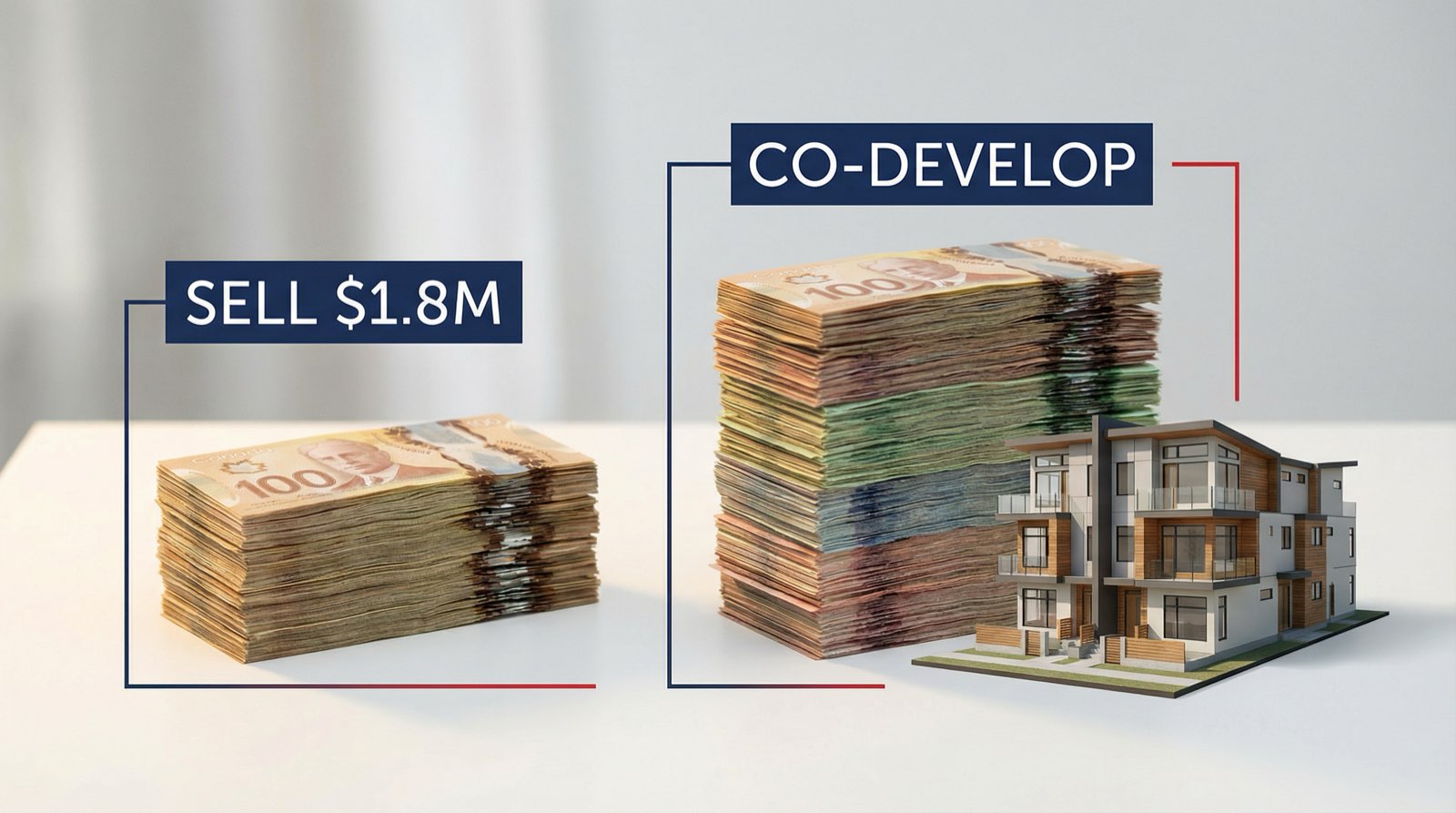 Spreadsheet comparison of Vancouver co-development versus sale to builder showing net proceeds and timeline