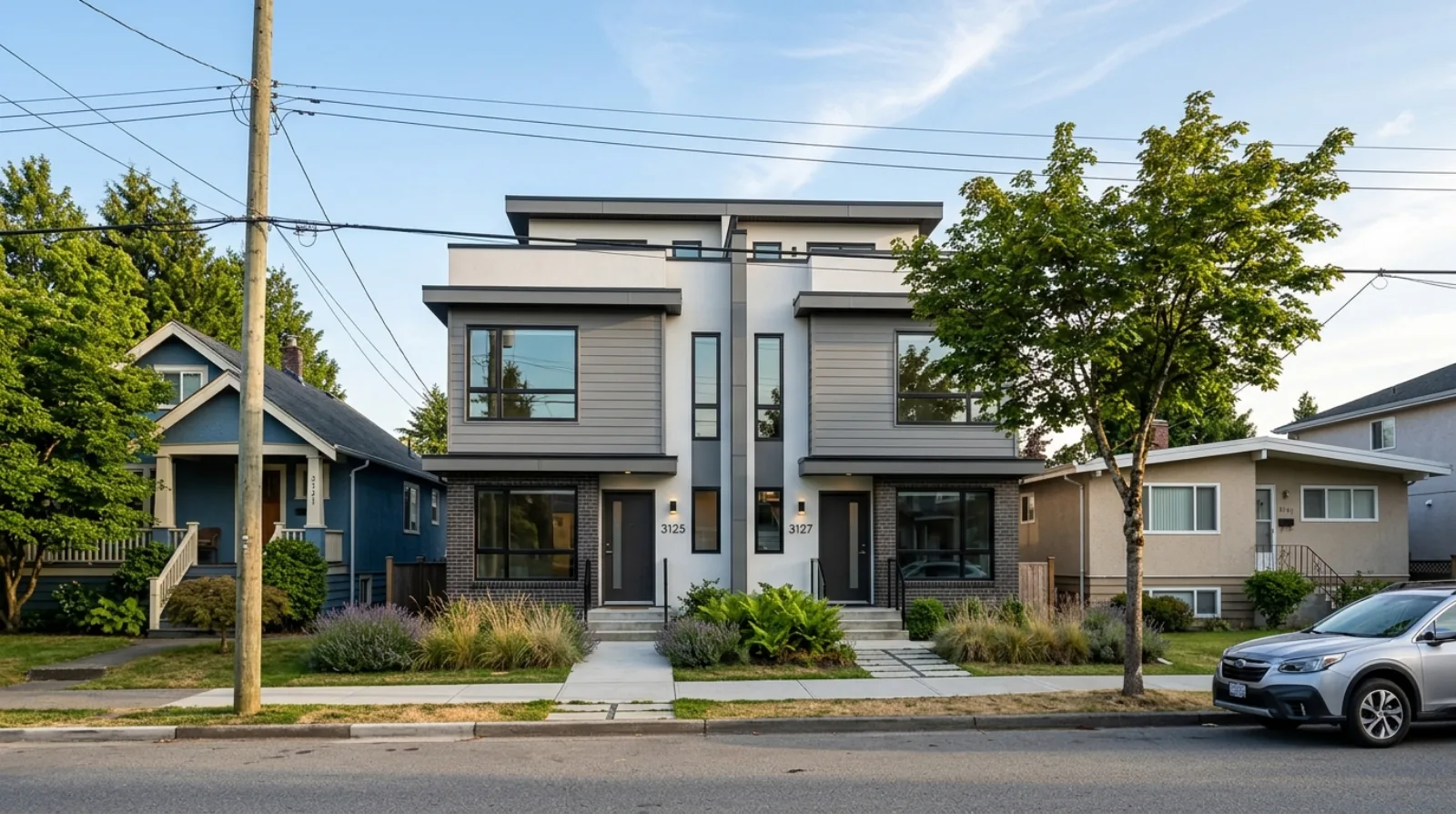 A three-storey Vancouver multiplex with separate ground-level front doors on a standard residential lot, the housing form that lets several generations of one family live close together in independent homes