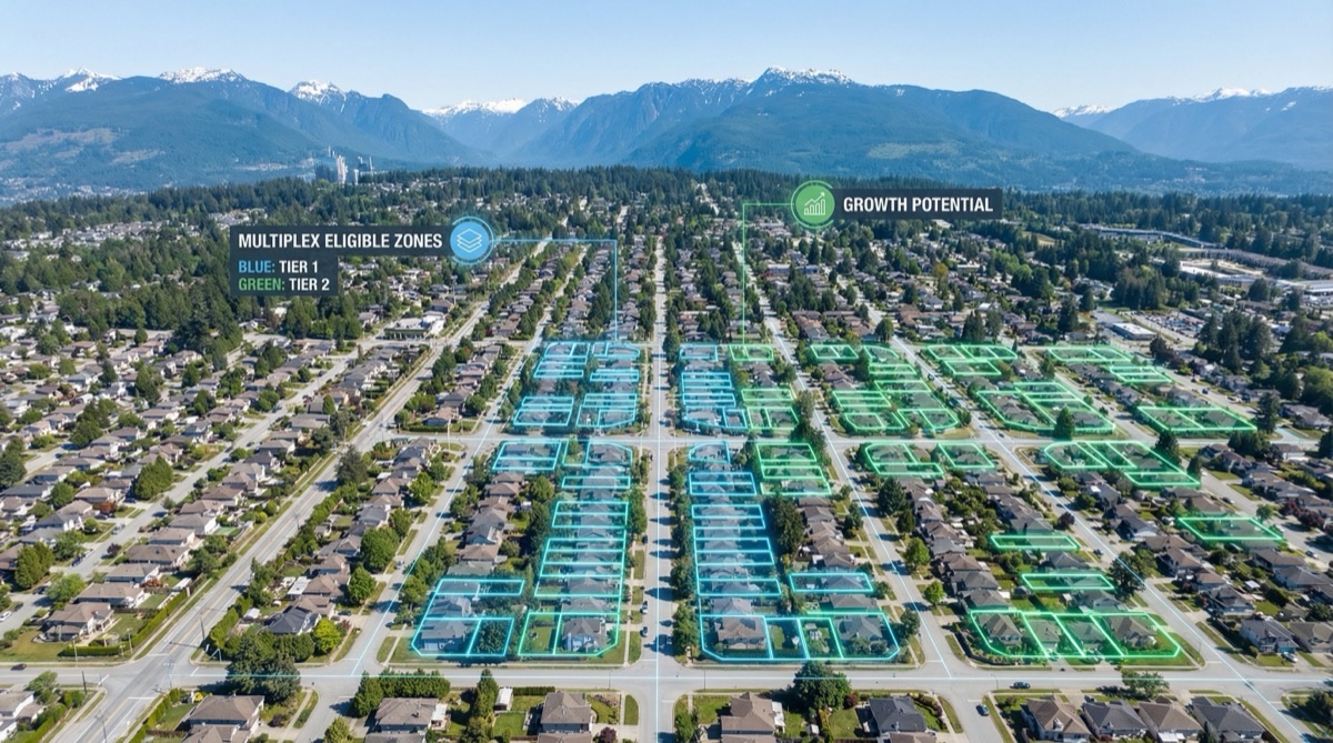 Aerial view of Coquitlam residential neighborhoods showing single-family lots eligible for multiplex redevelopment with mountain backdrop