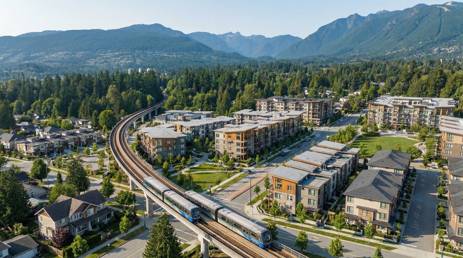Coquitlam cityscape with Evergreen SkyTrain line and residential neighborhoods
