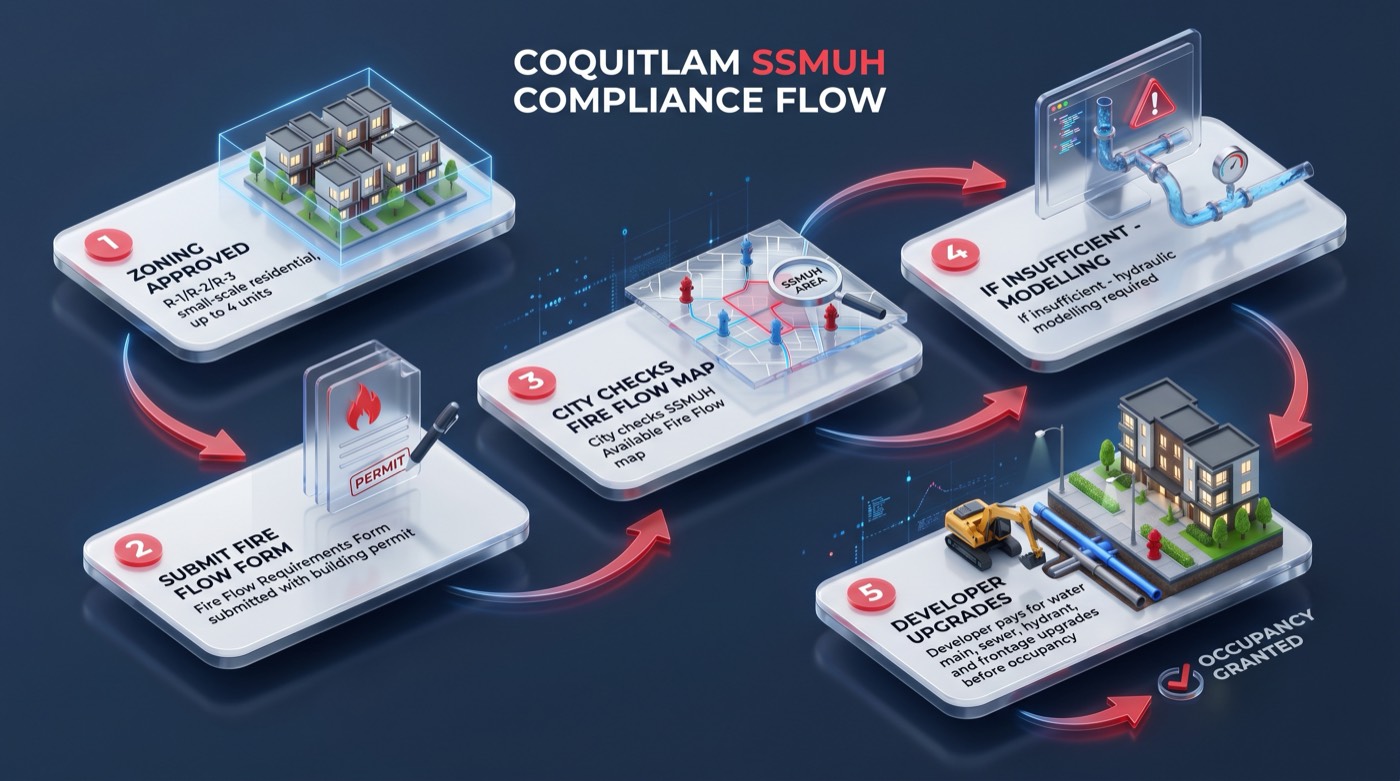 Coquitlam SSMUH compliance flow showing zoning approved June 9 2025 then fire flow requirements form submitted with permit then available fire flow map checked then hydraulic modelling triggered if insufficient then developer completes and pays for water main sewer and frontage upgrades before occupancy