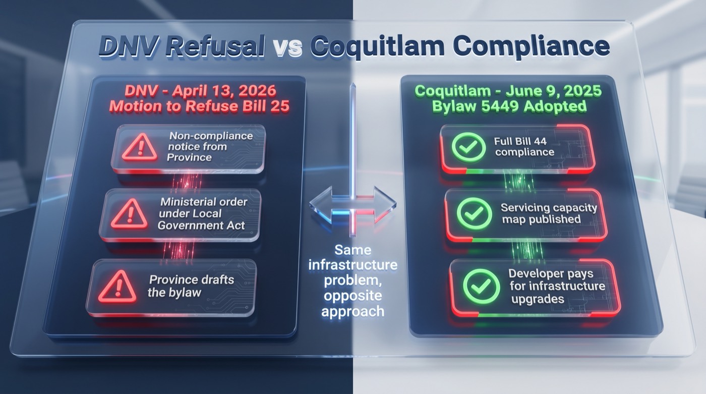 Comparison showing two paths DNV April 2026 refusal motion leads to provincial non-compliance notice and ministerial order under Local Government Act versus Coquitlam June 2025 compliance bylaw with cost shifting on under serviced lots resulting in market based rationing no provincial intervention