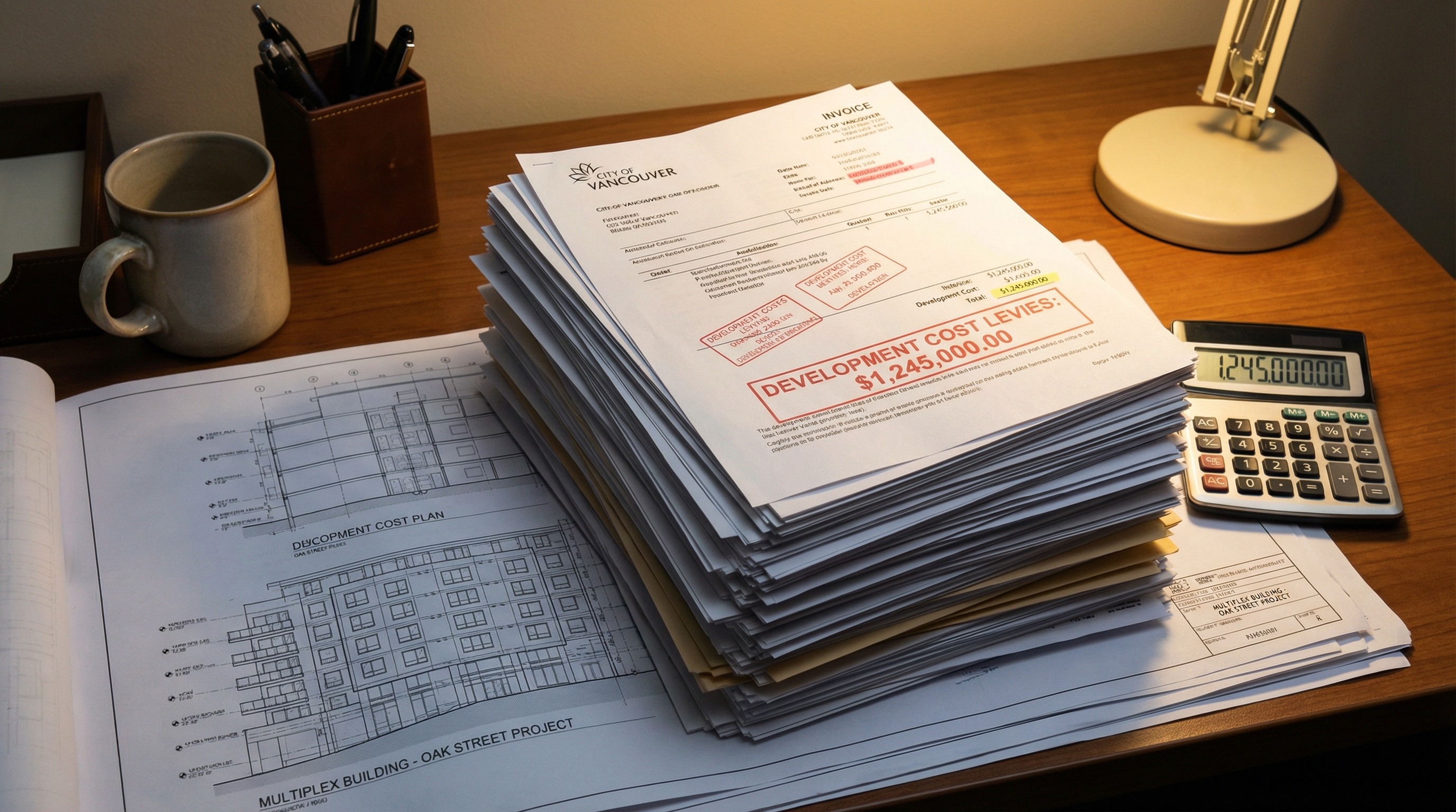 Vancouver City Hall with multiplex construction site visible nearby illustrating development cost levy and fee policy impact on rental housing