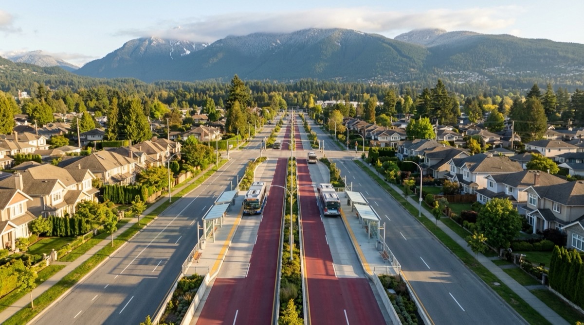 Marine Drive corridor in North Vancouver with bus rapid transit infrastructure concept and residential properties along the route