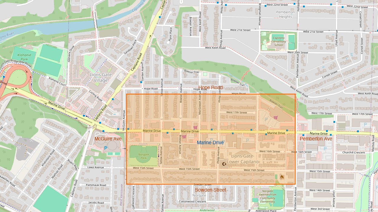 Map showing the 319 properties affected by the BRT corridor delay in District of North Vancouver, bounded by Hope Road (north), Pemberton Avenue (east), Sowden Street (south), and McGuire Avenue (west), with Marine Drive running through the center