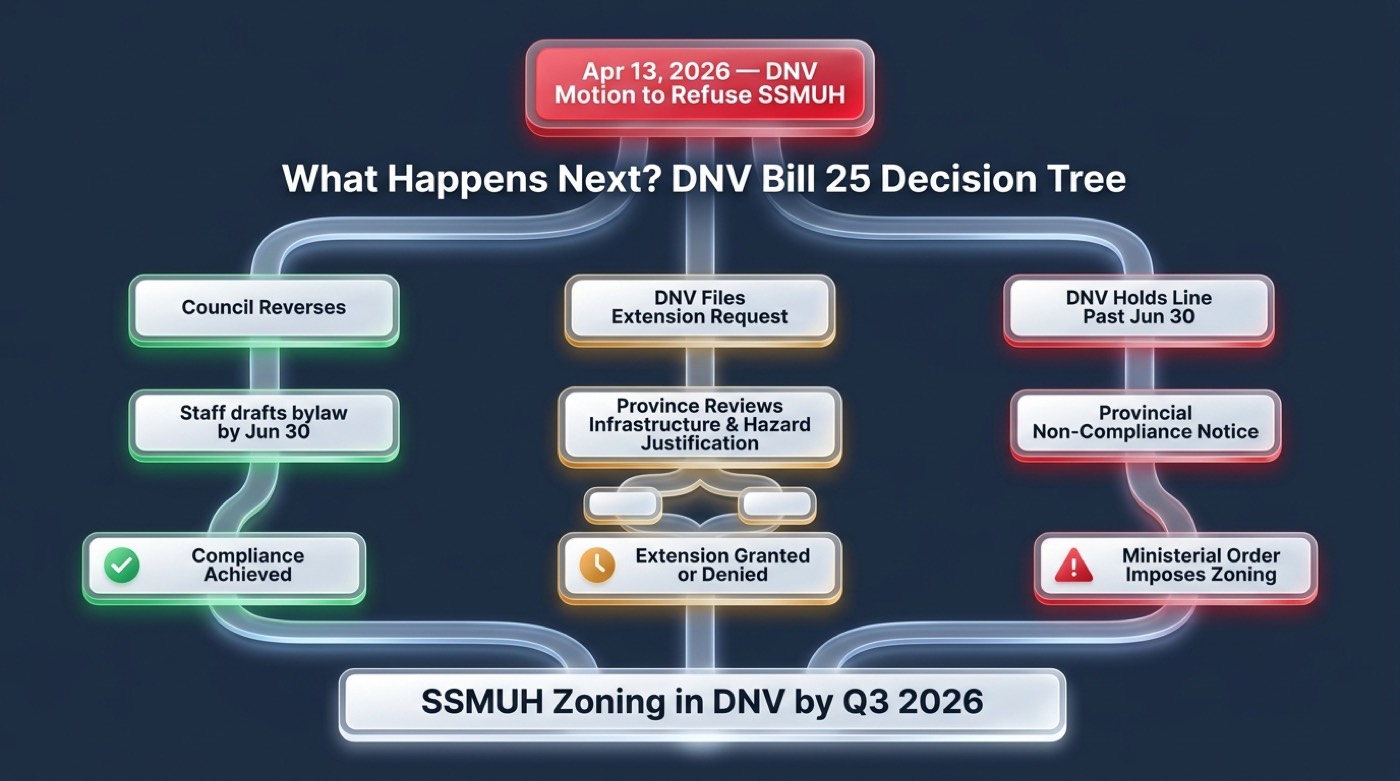 DNV Bill 25 decision flowchart showing the possible paths from April 2026 motion through extension request evaluation, provincial non-compliance notice, ministerial order, or negotiated compliance outcome before the June 30 2026 deadline