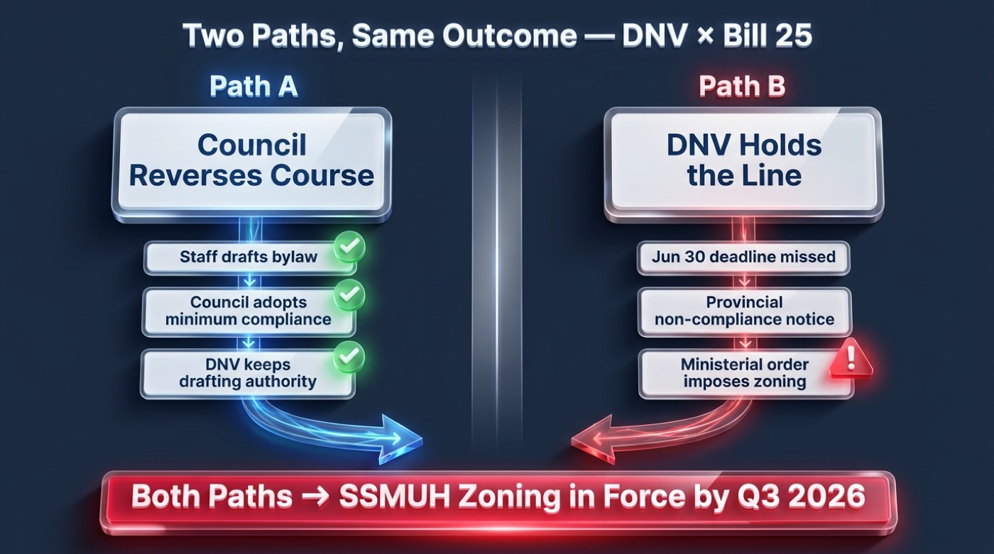 Comparison showing two paths for DNV Bill 25 compliance: Path A council reverses course and passes minimum-compliance bylaw before June 30 2026, Path B DNV holds line and province issues non-compliance notice leading to ministerial order imposing zoning directly, both resulting in SSMUH zoning in force by Q3 2026