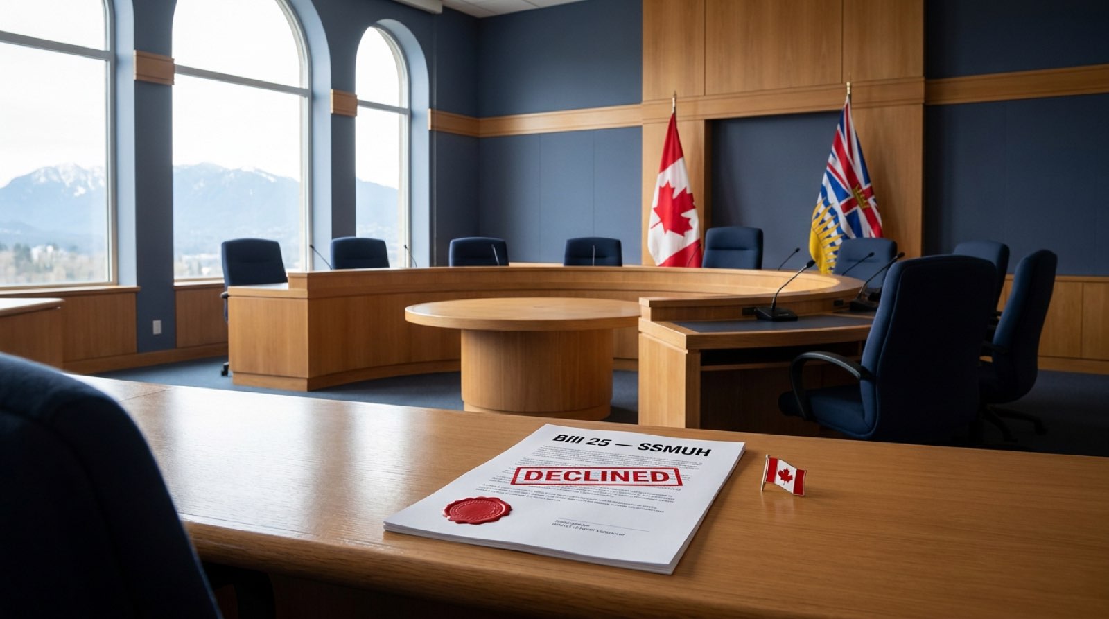 District of North Vancouver council chambers with Bill 25 compliance map showing green, blue, and orange lot categorization for small-scale multi-unit housing eligibility