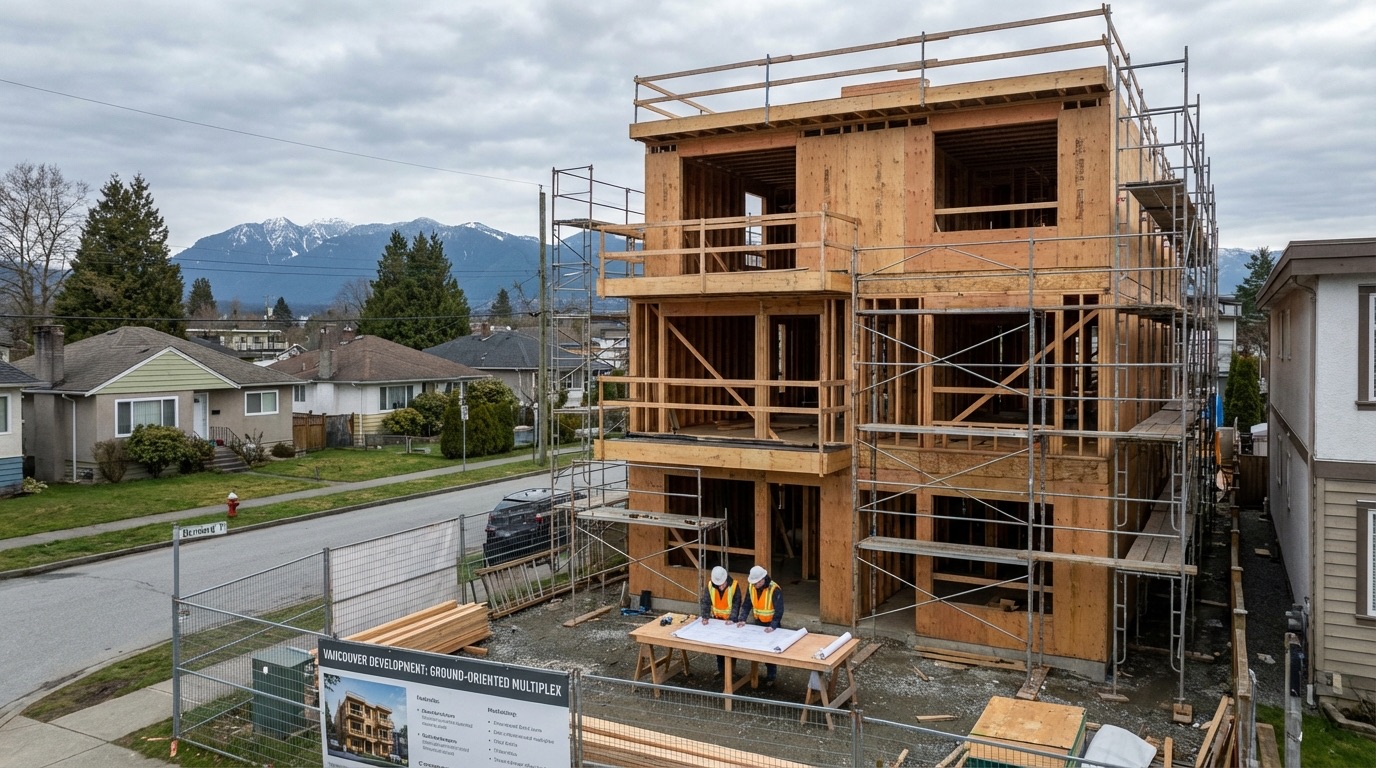 Professional construction meeting with blueprints and hard hats on a Vancouver multiplex building site with North Shore mountains in background