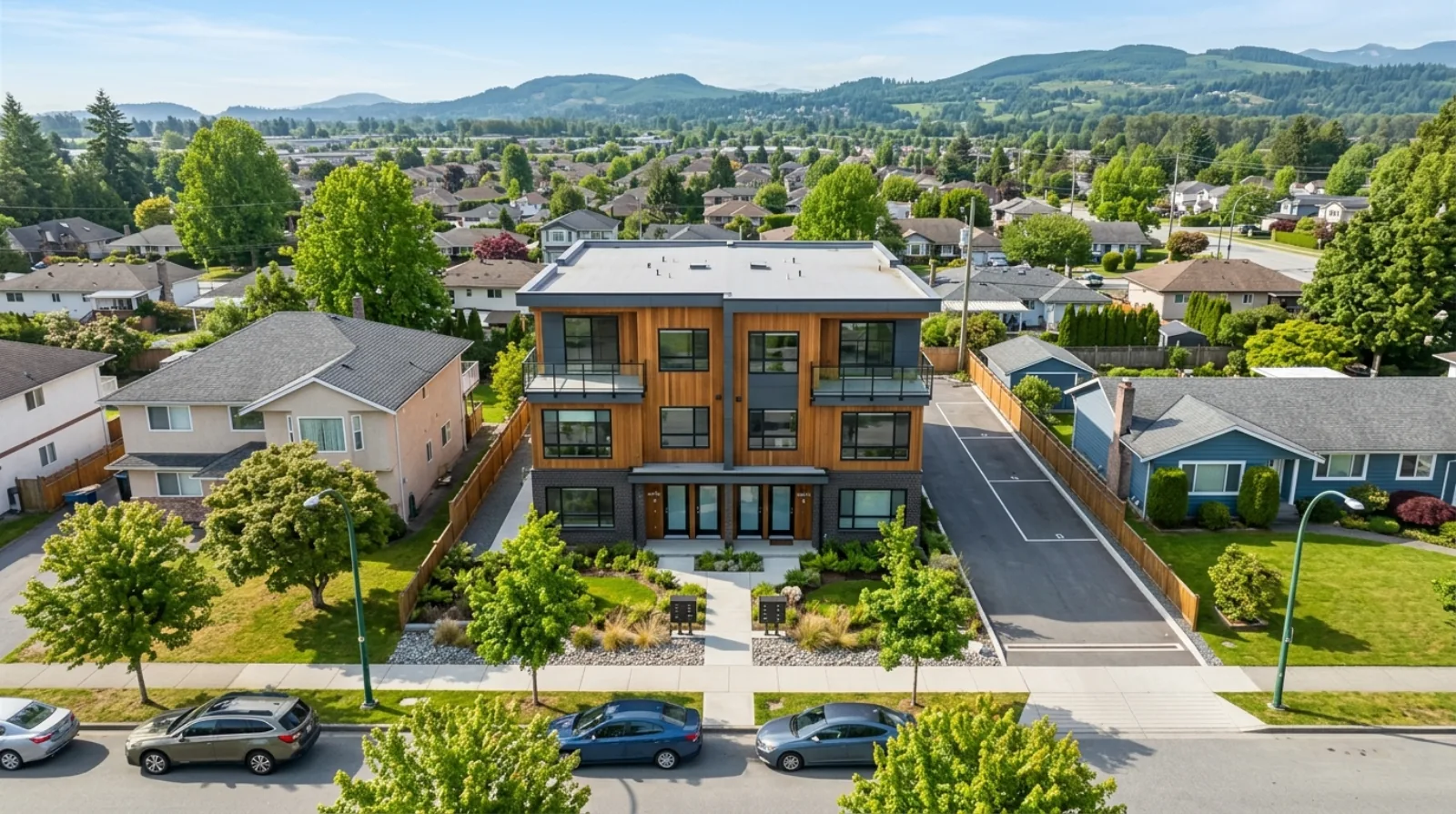 New three-storey multiplex with two visible front entrances on a suburban Fraser Valley street in Langley BC, surrounded by older single-family houses, representing the small-scale multi-unit housing now permitted on former single-family lots