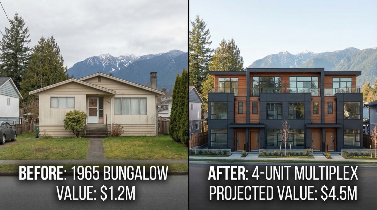 Split view showing old Vancouver bungalow transforming into modern four-unit family compound multiplex with financial proforma overlay