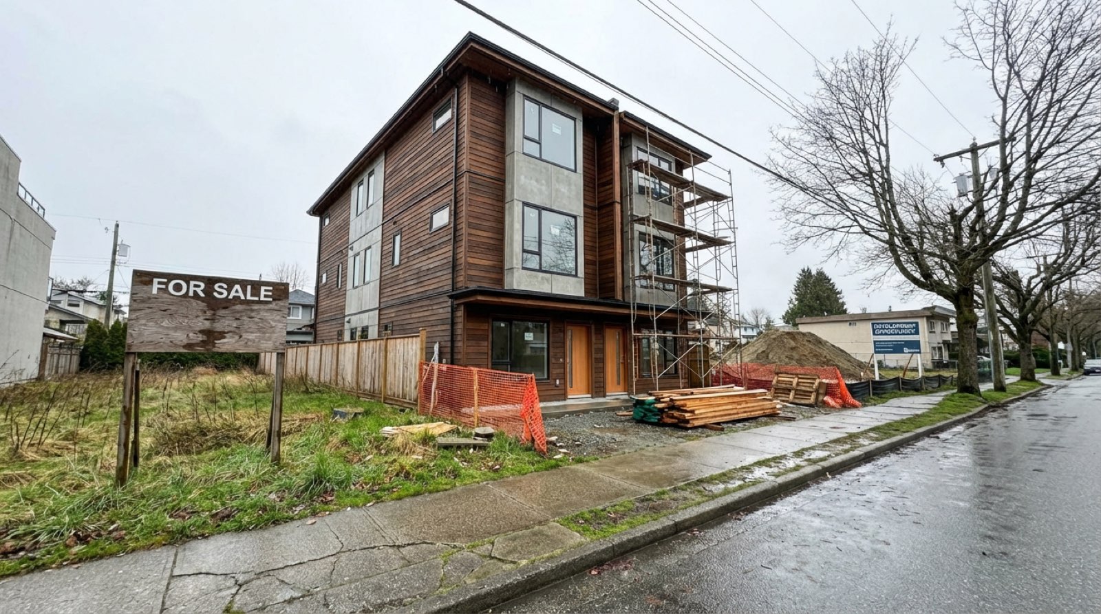Ground-oriented Vancouver 6-plex multiplex building on a quiet residential street during a slow market — construction active while other sites sit idle