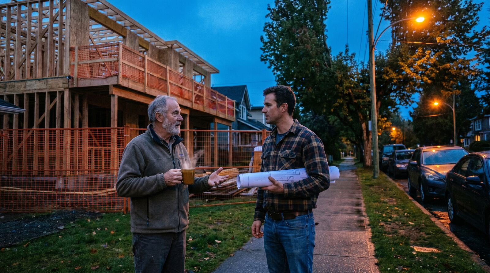 Photograph of a Vancouver residential street at dusk with two neighbours, an older homeowner and a younger contractor, standing on a sidewalk in front of a partially built multiplex with construction fencing, having a conversation, warm street lighting, candid documentary style