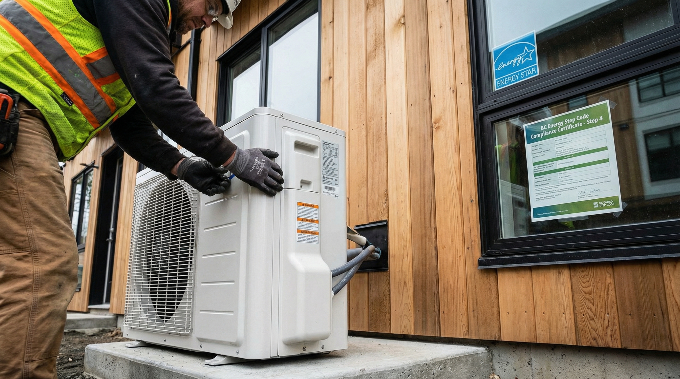 Air-source heat pump units installed outside a new wood-frame multiplex building in Metro Vancouver with BC Hydro service connection visible