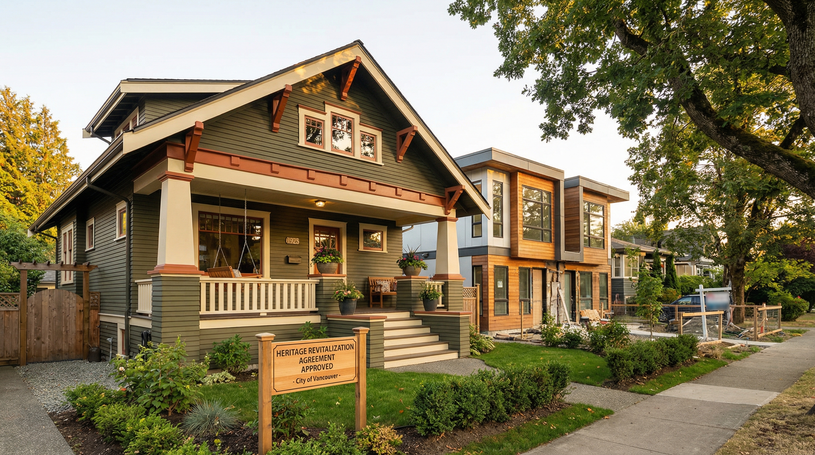 Heritage Craftsman home in Vancouver with a modern infill unit visible behind it, illustrating a Heritage Revitalization Agreement project
