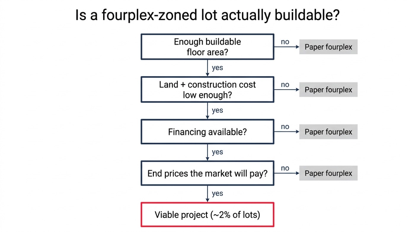 Decision diagram answering whether a fourplex-zoned lot is actually buildable, with branches for buildable floor area, land cost, construction cost, financing and end pricing, leading to either a viable project or a paper-only fourplex