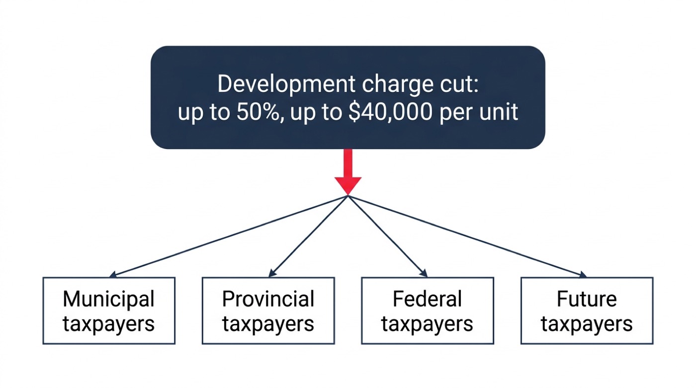Comparison graphic showing that cutting development charges does not remove the cost of roads, water and transit -- it transfers up to $40,000 per unit from new homebuyers to municipal, provincial, federal or future taxpayers