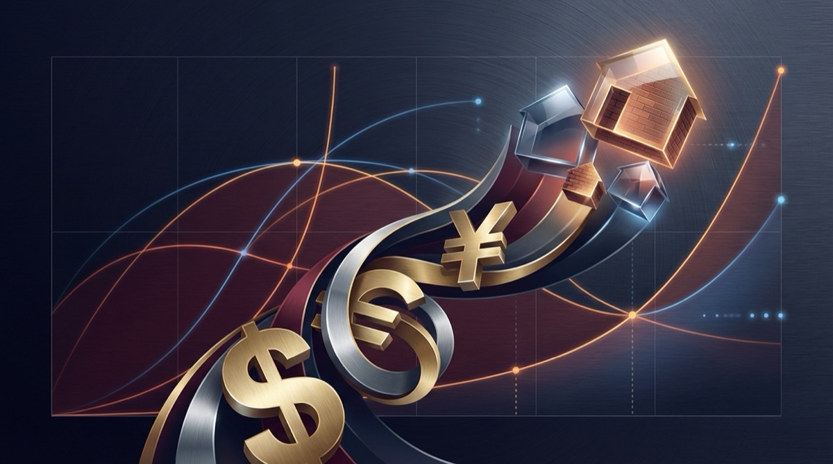 Abstract visualization of money supply expansion and housing price correlation with financial charts