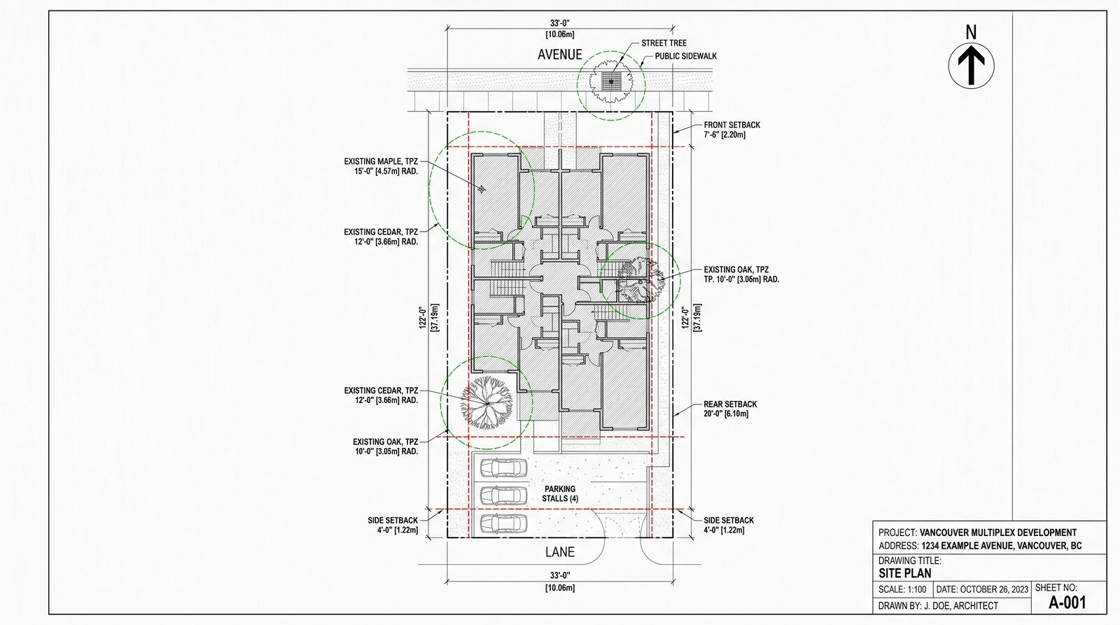 Detailed black and white architectural site plan drawing showing a Vancouver multiplex with property lines, setbacks marked in red dashed lines, three trees with protection radii, parking stalls, building footprint shaded grey, and a back lane access labelled with measurements in metres