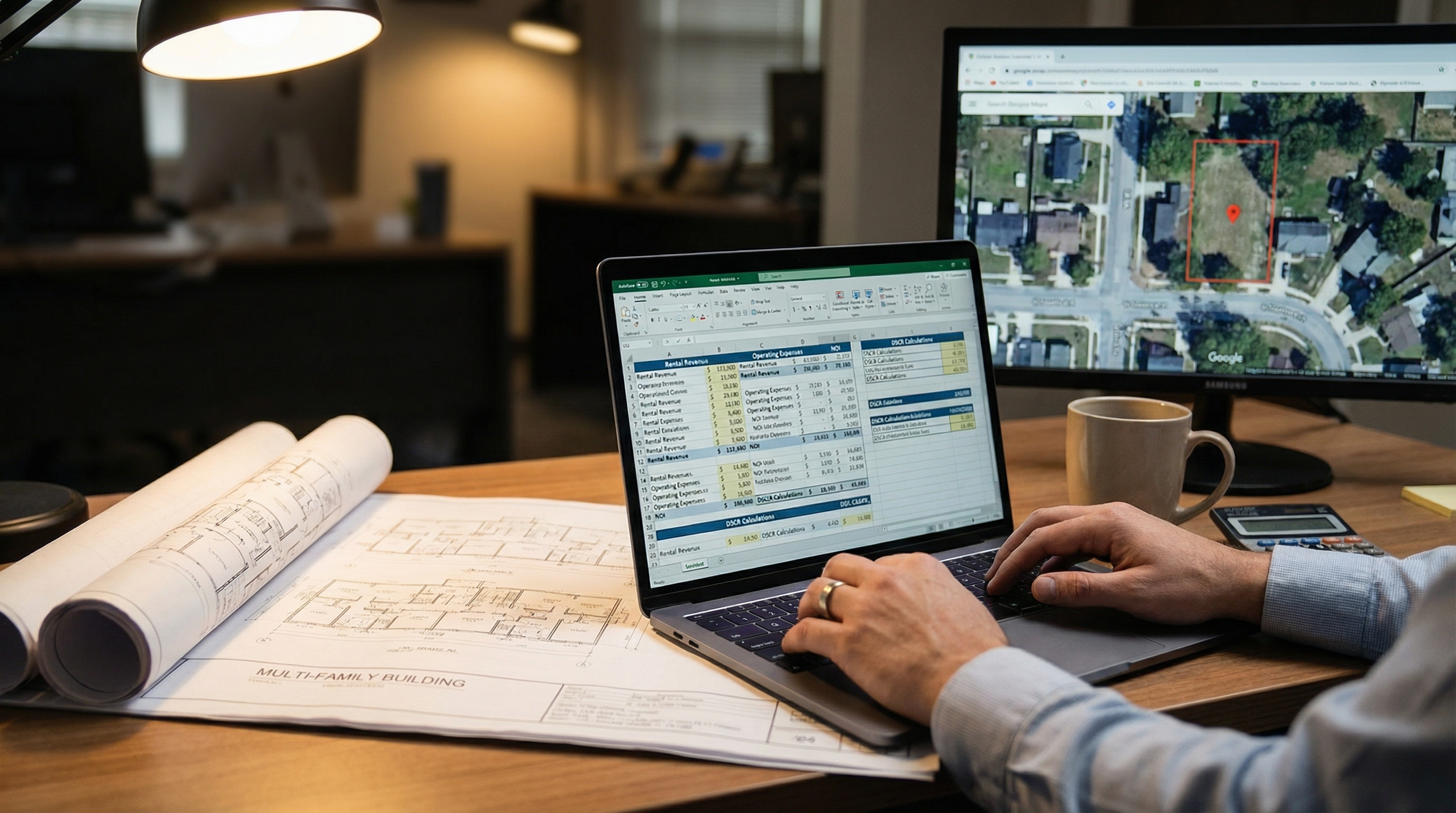 Financial spreadsheet and calculator on desk with Vancouver multiplex architectural plans showing BTR underwriting analysis