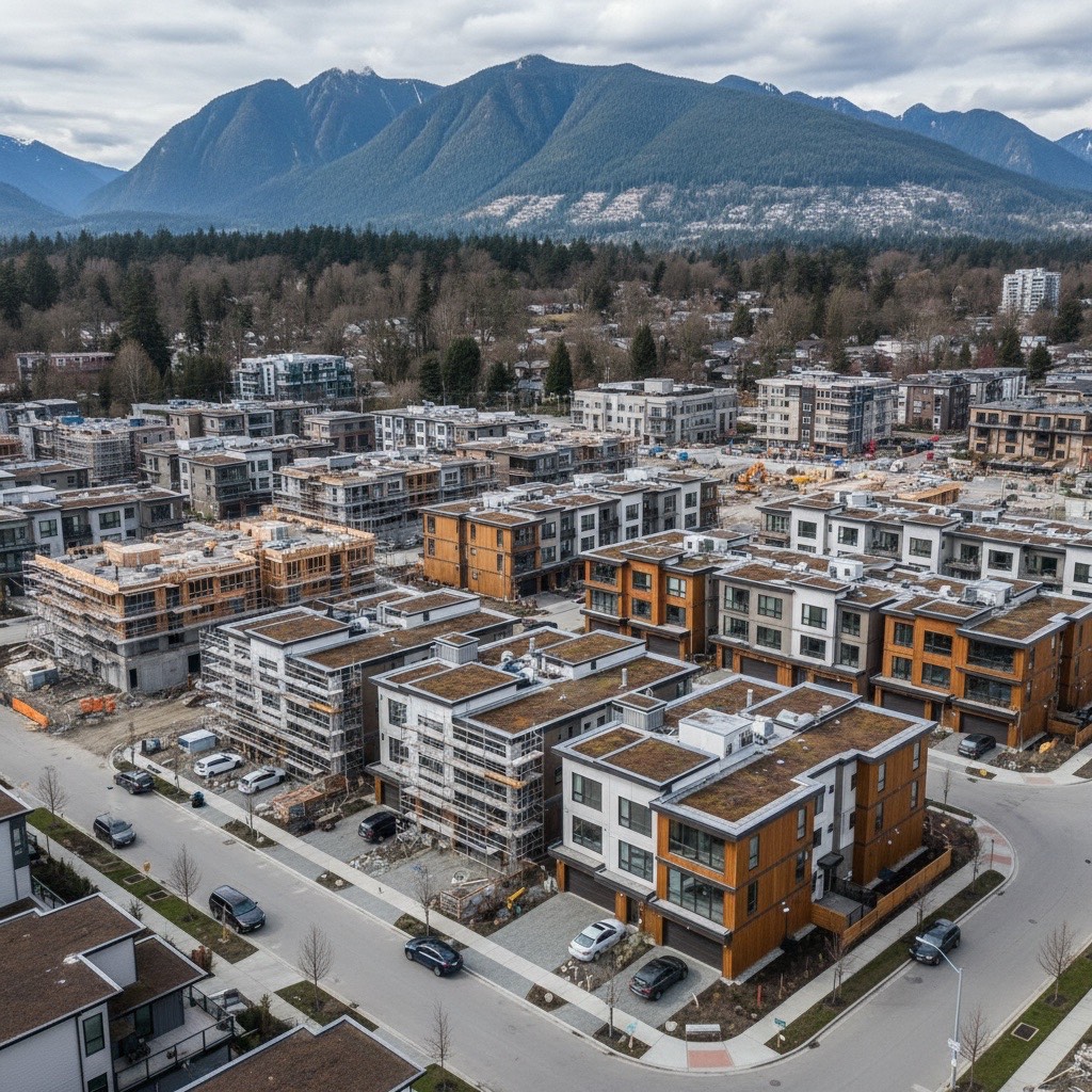 Industrial-scale multiplex development pipeline concept showing multiple projects in various stages of construction across Vancouver